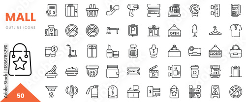 A collection of outline icons illustrating various mall elements and shopping features.