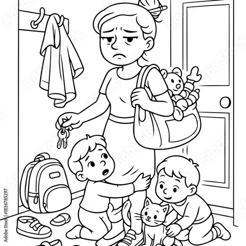 Morning Rush: A frazzled woman prepares for the day as children clamor for attention, shoes, backpacks, and keys amidst a flurry of activity, capturing the essence of a typical, albeit hectic.