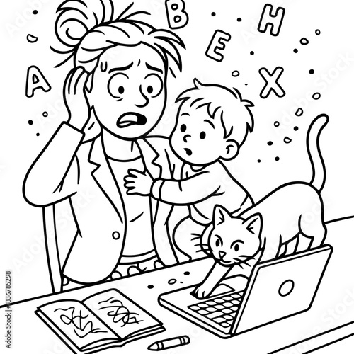 Stressful Home Office: A harried person, juggling work and childcare at home, epitomizes the challenges of a blended life, depicting a chaotic scene of modern living.