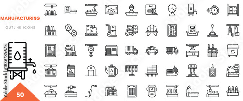 Variety of manufacturing outline icons showcasing essential industrial elements and equipment.