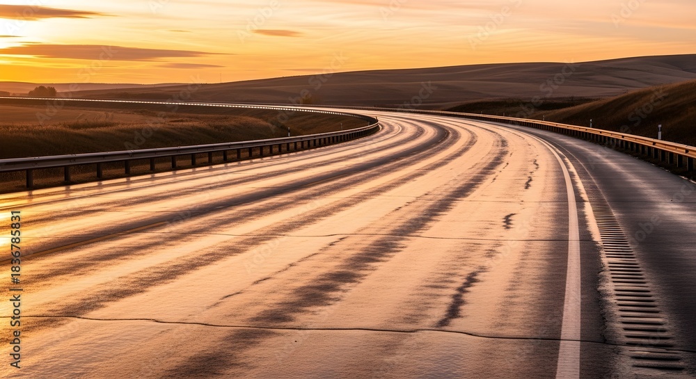 Fototapeta premium Curved asphalt highway reflecting the warm golden light of a serene sunset or sunrise, leading into a peaceful, expansive landscape vista