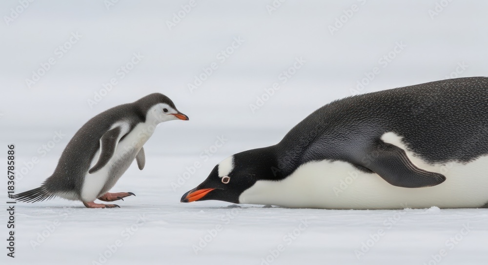 Naklejka premium Two penguins interacting on a snowy surface, one lying down and the other standing.