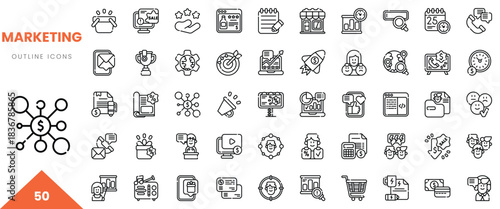 A collection of 50 outline icons related to marketing, featuring various symbols of communication and strategy.