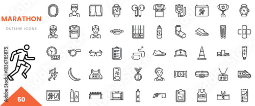 Collection of marathon-themed outline icons depicting various aspects of running and fitness.