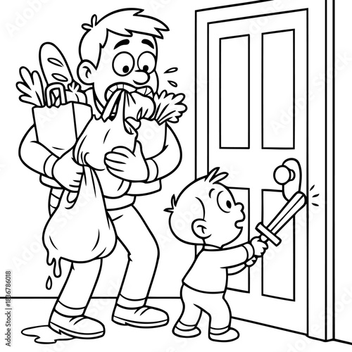Grocery Challenge: A weary father struggles to juggle groceries while his curious child attempts to unlock the door, illustrating a humorous moment of family life.