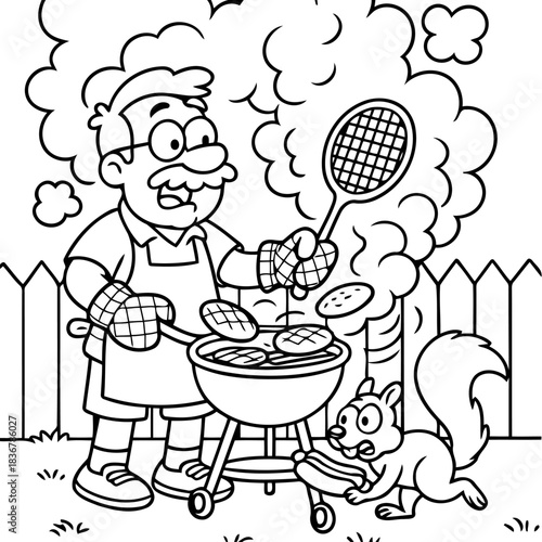 Backyard Barbecue Scene: A whimsical illustration depicts a jovial man tending a grill, while a curious squirrel eyes a nearby hotdog. A quintessential summer barbecue.