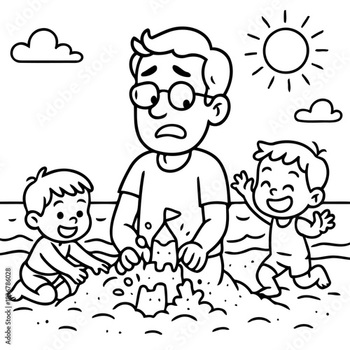 Beach day dilemma: A father finds himself in a comical situation while trying to build a sandcastle with his children on a sunny beach, encapsulating the joys and challenges of parenthood.