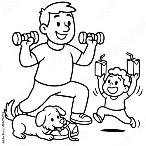 Father and Son Fitness: This cartoon portrays a joyous moment of fitness between a father and his son. The father is working out, and the son, holding juice, is happily following his example.