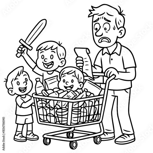 Grocery Shopping Chaos: A frazzled father navigates the supermarket with a cart overflowing with groceries while his energetic children create playful havoc.