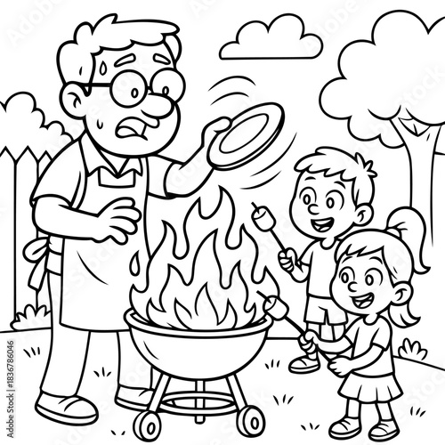 Family Cookout Adventure: A father and two children engage in a lively outdoor cookout, roasting marshmallows over a blazing grill, creating a warm, playful scene.