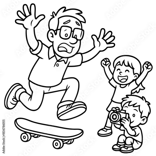 Skateboard Mishap: A comic illustration depicts a moment of humorous chaos as a person loses balance on a skateboard, creating a playful scene. 