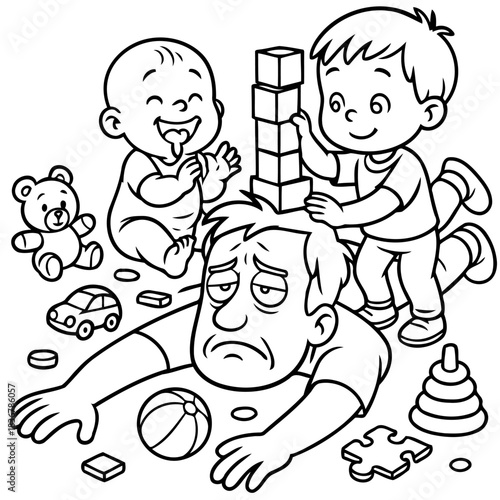 Tired Dad: A cartoon depicting an exhausted father overwhelmed by his playful children and their toys