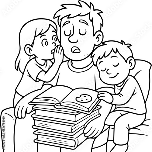 Tale of Togetherness: A father rests, cradling a book while his two children share secrets and affection. It's a tale of kinship and peaceful rest.