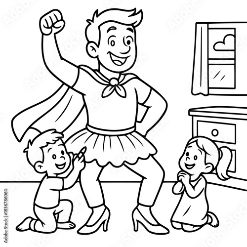 Super Dad's Delight: A superhero father revels in a moment of playful domesticity with his children. A heartwarming scene of fun, love, and childhood imagination, where dad embodies strength and joy.