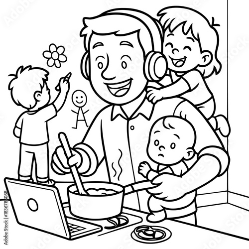 Parent juggling roles: A man embodies modern parenthood, managing work and childcare with a smile. The image is an illustration.