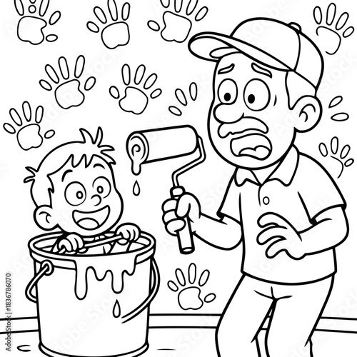 Playful Chaos: A comical illustration of a child immersed in a paint bucket, resulting in handprints adorning the wall, while an adult expresses surprise.
