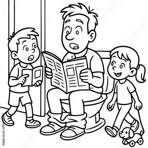 Unexpected Reading Time: A humorous scene unfolds as a father attempts to read on the toilet, with his children curiously observing. A comical illustration captures the everyday chaos of parenting.