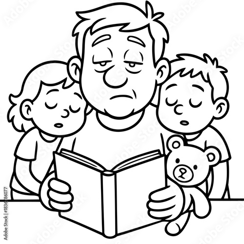 Sleepy Storytime: A caring father reads a bedtime story to his slumbering children, creating a warm and comforting moment. 