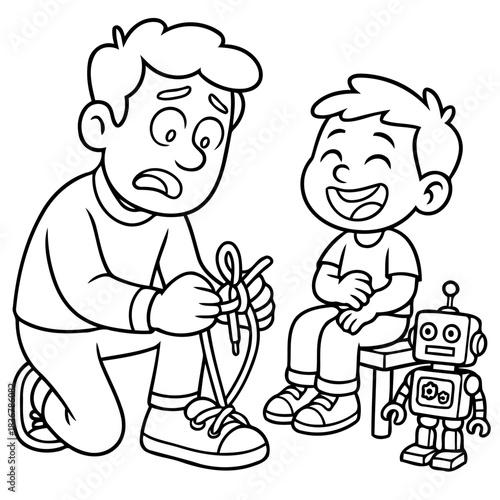 Father Helping Son Tie Shoe: A father kneels, concentrating intently as he assists his young son in learning the art of tying shoelaces, while the son watches with amused interest.