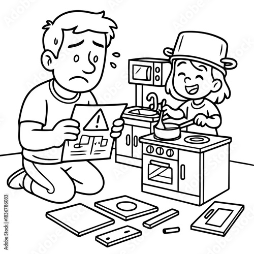 Assembly Challenge: A frustrated individual grapples with a complex instruction manual while a cheerful child playfully engages with a toy kitchen, creating a heartwarming juxtaposition of tasks.