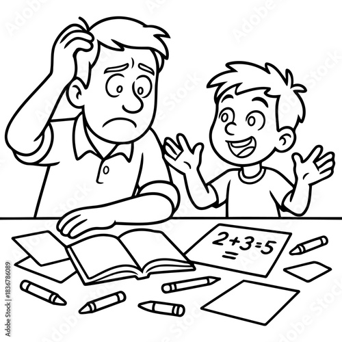 Math Puzzle: An illustration captures the amusing dynamic of a child, exuberantly sharing a correct math solution with a perplexed adult, sparking humor and the challenges of learning.