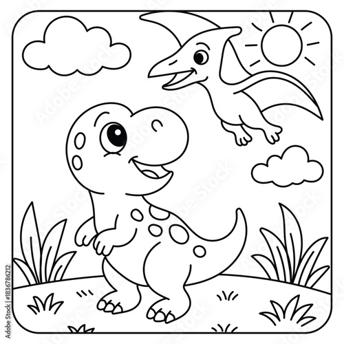 Cute Baby Dinosaur with Flying Pterodactyl – Coloring Page