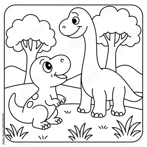Cute Baby Dinosaur with Friendly Brontosaurus – Coloring Page