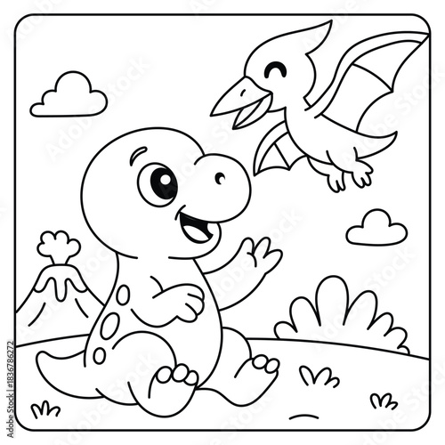 Cute Baby Dinosaur Playing with Pterodactyl – Coloring Page