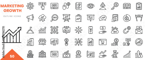 Diverse outline icons representing marketing growth strategies and data analysis concepts.