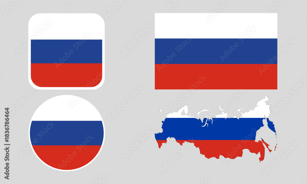 Fototapeta premium Russia Flag Icon Set in Square, Round, and Map Shapes. Clean Modern Collection. Perfect for use in apps, websites, presentations, infographics, educational materials, travel content.