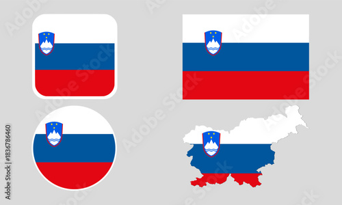 Free Download Slovenia Flag Icon Set in Square, Round, and Map Shapes. Clean Modern Collection. Perfect for use in apps, websites, presentations, infographics, educational materials, travel content. - GFXLoad
