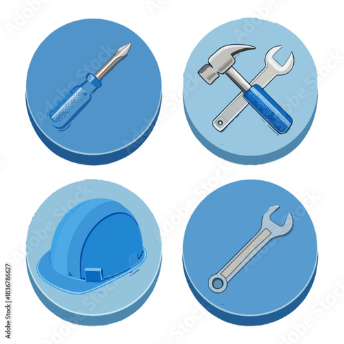 Collection of blue construction and repair tool icons including a hard hat, screwdriver, and wrenches
