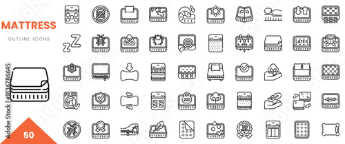 A collection of 50 outline icons representing various mattress-related concepts and accessories.