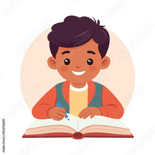 Happy Boy Studying and Writing in Book