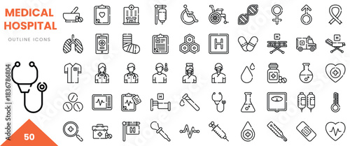 A collection of hospital-themed outline icons, featuring various medical symbols and equipment.