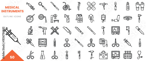Collection of medical instruments and tools in outline style, showcasing essential healthcare equipment.
