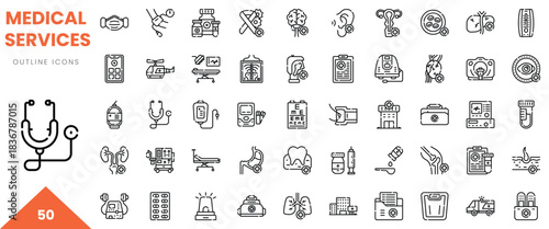 A collection of 50 outline icons representing various medical services and equipment.
