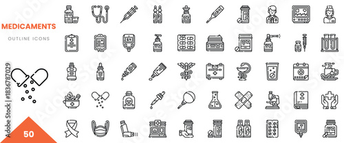 A collection of 50 outline icons representing various medicines and healthcare items.