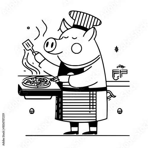 Pig chef cooking pizza illustration vector art cartoon character kitchen food restaurant culinary design drawing