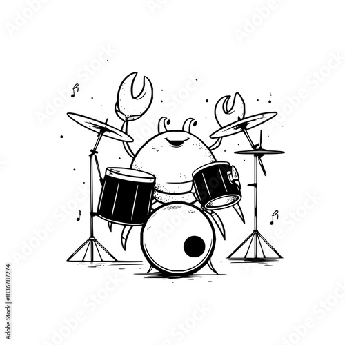 Crab playing drums cartoon illustration funny drummer crustacean band music animal rock star black and white art