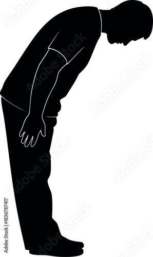 Detailed silhouette illustration of a man bending over, depicting actions such as bowing, showing humility, or engaged in an act of respectful greeting or submission