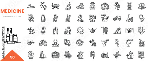 Collection of medical outline icons representing various healthcare elements and tools.
