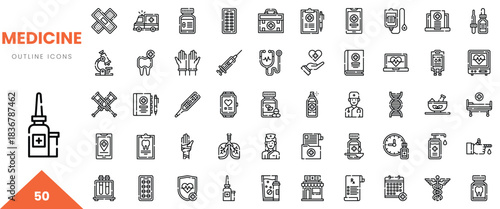 A collection of 50 medicine-themed outline icons, showcasing various medical symbols and tools.