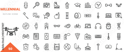 Collection of minimalist icons representing millennial interests and lifestyle choices.
