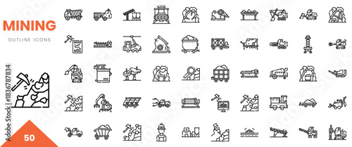 A comprehensive collection of outline icons depicting mining equipment and activities.
