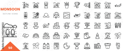 Various line icons illustrating monsoon elements and activities.