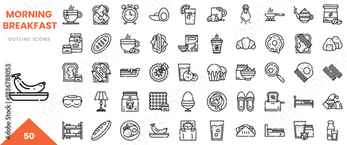 A collection of 50 outline icons depicting various breakfast items and elements in a minimalist style.