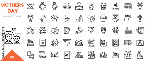 A collection of outline icons celebrating Mother's Day including gifts, love symbols, and family themes.