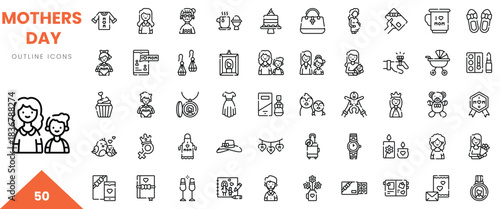 A collection of 50 outline icons representing Mother's Day celebrations and gifts.