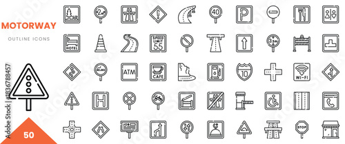 A collection of 50 outline icons representing various motorway signs and symbols.